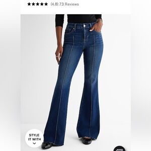 Express Mid Rise Dark Wash Pintuck Raw Hem FlexX ‘70s Flare Jeans L Short